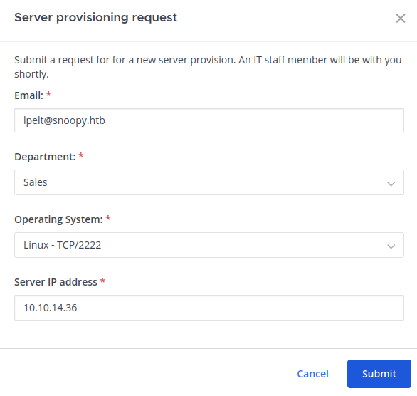 Provisioning form with our IP address