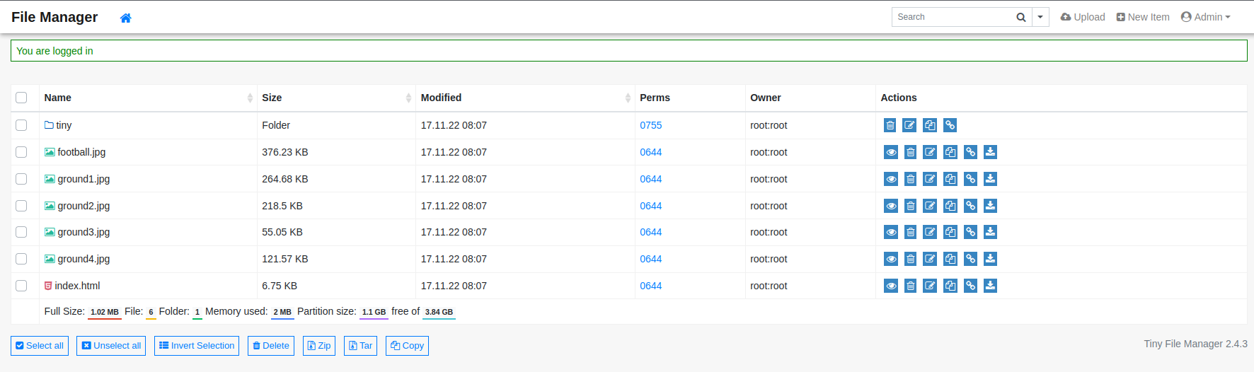 Logged In to Tiny File Manager